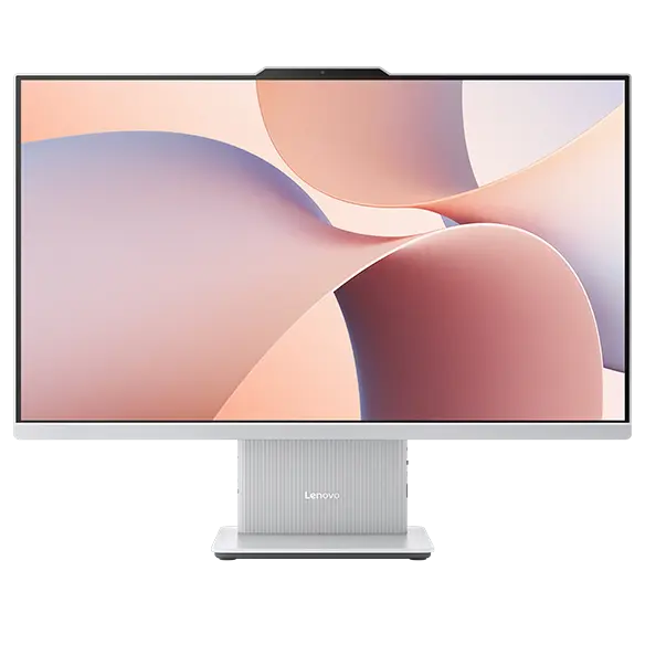 Lenovo IdeaCentre AIO Gen 10 (27" AMD) all-in-one PC in Cloud Grey – front view, with gradient wave graphics on the display in shades of red, blue, and purple