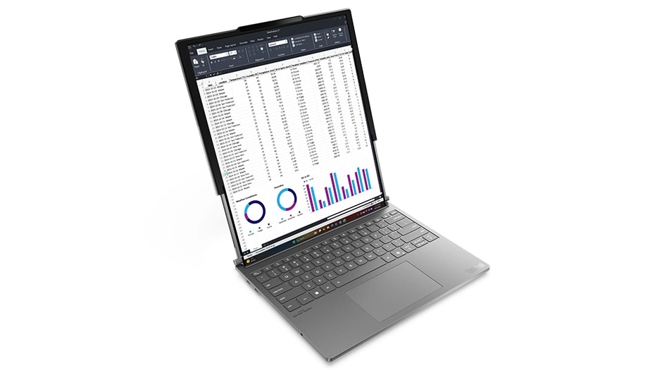 El análisis de datos financieros es muy sencillo en la pantalla extendida de 16,7 pulgadas de la laptop Lenovo ThinkBook Plus Gen 6 Rollable.