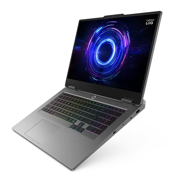 Left-side ports and slim, aerodynamic profile shown at a 135-degree angle on the Lenovo LOQ 17IRX10.
