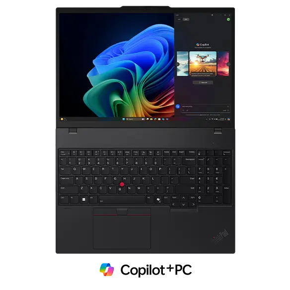 Lenovo ThinkPad T16 Gen 4 (16" Intel) laptop – front view from above, lid open flat with Copilot menu against multicolored Windows Bloom background on the display
