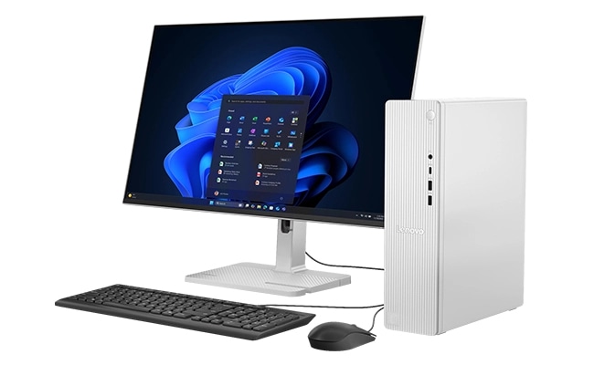 Front left view of the IdeaCentre Tower Gen 10 (Intel) desktop PC next to a monitor, keyboard, and mouse.