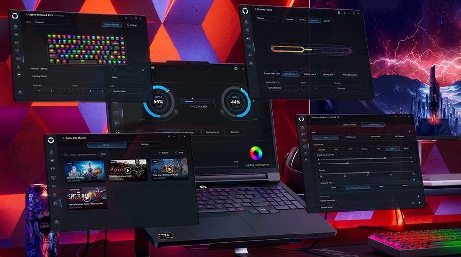 The Lenovo Legion Pro 7 Gen 10 (16” AMD) surrounded by various Legion Space screen interfaces. מחשב נייד Legion Pro 7 16AFR10H 83RU001RIV מבית Lenovo