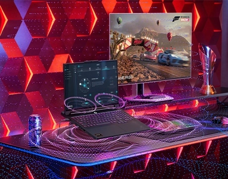 Circular lines representing rich audio emerge from the Lenovo Legion Pro 7 Gen 10 (16” AMD), against a colorful background including a monitor and keyboard. מחשב נייד Legion Pro 7 16AFR10H 83RU001RIV מבית Lenovo