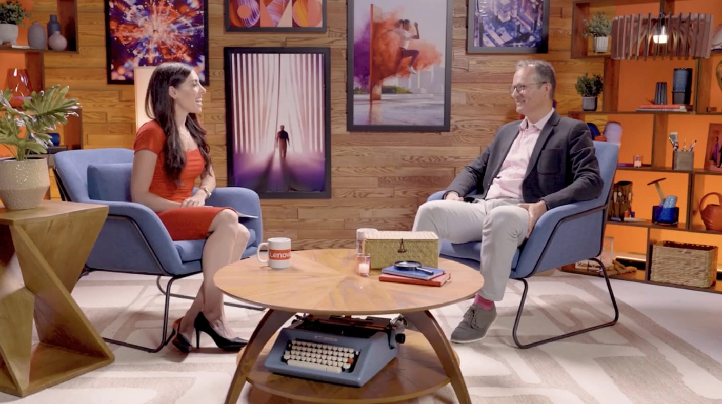 Alexa Carlin interviewing Cedric Courteix in the Lenovo Studio.