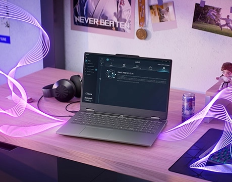 Lenovo LOQ Essential 15IRX11 gaming laptop and headset on a desk – front view, lid open with an app screen on the display, with wavy purple line graphics appearing to emanate from the speakers.