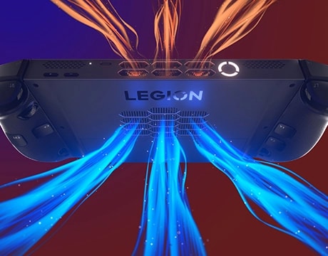 Back view of the Lenovo Legion Go Gen 2 (8.8”) with orange and blue squiggly lines emerging from the vents. מחשב גיימינג נייד Legion Go Gen 2 8AHP2 83N1000YIV מבית Lenovo