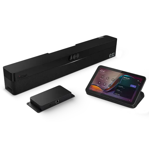 Lenovo ThinkSmart One Pro + IP Controller for Teams combined with Lenovo link box is a sleek & stylish video conferencing bar with intelligent AI features for seamless online interactions.