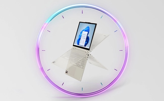 A Lenovo Yoga 2-in-1 laptop opened to various degrees, set against a clock-shaped backdrop.