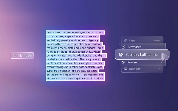 A screencap showing a block of text surrounded by Create a Bulleted List and Click to Do commands.
