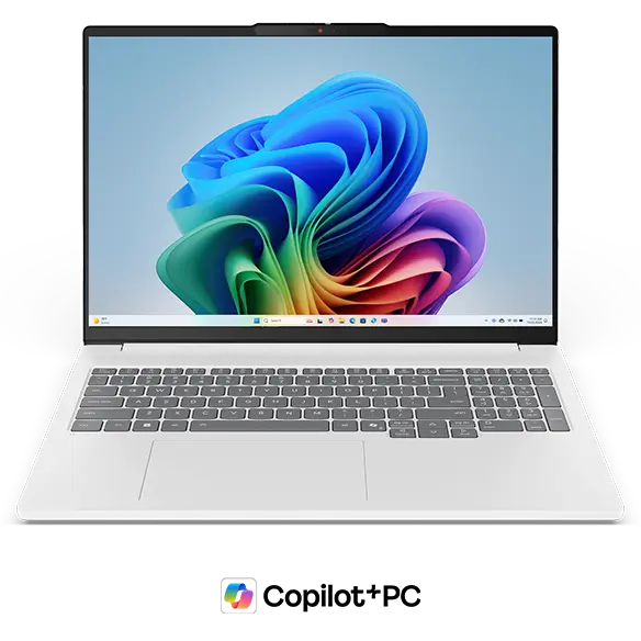 Front view of a White Lenovo IdeaPad Pro 5i Gen 11 (16” Intel) with a Copilot+ logo beneath it.
