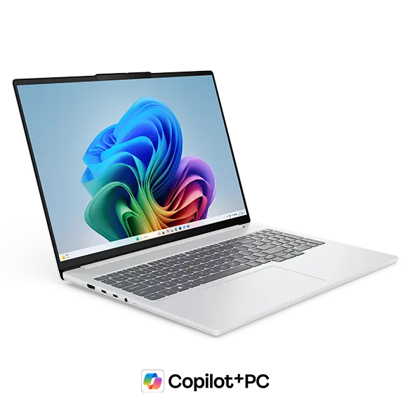 Front left view of a White Lenovo IdeaPad Pro 5i Gen 11 (16” Intel) with a Copilot+ logo beneath it.