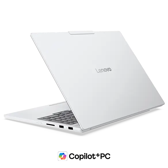Back right view of a White Lenovo IdeaPad Pro 5i Gen 11 (16” Intel) with a Copilot+ logo beneath it.