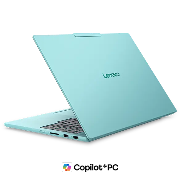Back right view of a Jelly Mint Lenovo IdeaPad Pro 5i Gen 11 (16” Intel) with a Copilot+ logo beneath it.