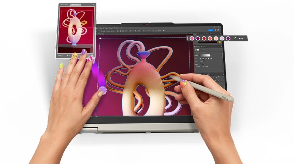 A left hand holds a Lenovo Yoga 7a 2-in-1 Gen 11 (14" AMD) laptop display in tablet mode in place as a right hand draws a piece of 3D art on the display with a Yoga Pen Gen 2