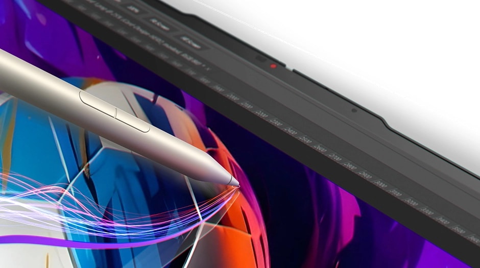 Close-up of a Yoga Pen Gen 2 touching a Lenovo Yoga 7a 2-in-1 Gen 11 (14" AMD) laptop display