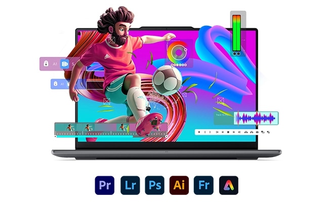 An animated soccer player emerges from the display of the Lenovo Yoga Pro 7i Gen 11 Aura Edition (15&rdquo; Intel) with Adobe icons arranged beneath it. מחשב נייד Yoga Pro 7&nbsp;Aura Edition 15IPH11 83SN002PIV&nbsp;מבית Lenovo