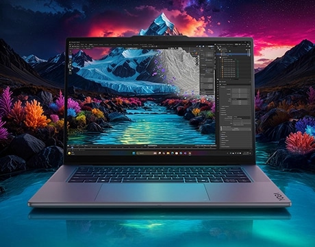 Front view of the Lenovo Yoga Pro 7i Gen 11 Aura Edition (15&rdquo; Intel) with a mountain view on the display that extends into the background. מחשב נייד Yoga Pro 7&nbsp;Aura Edition 15IPH11 83SN002PIV&nbsp;מבית Lenovo