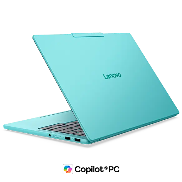 Back right view of a Jelly Mint Lenovo IdeaPad Pro 5i Gen 11 (14” Intel) with a Copilot+ logo beneath it.