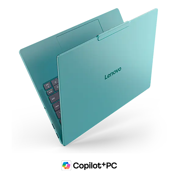 The Lenovo IdeaPad Pro 5i Gen 11 (14” Intel) in a V shape showing the top cover with a Copilot+ logo beneath it.