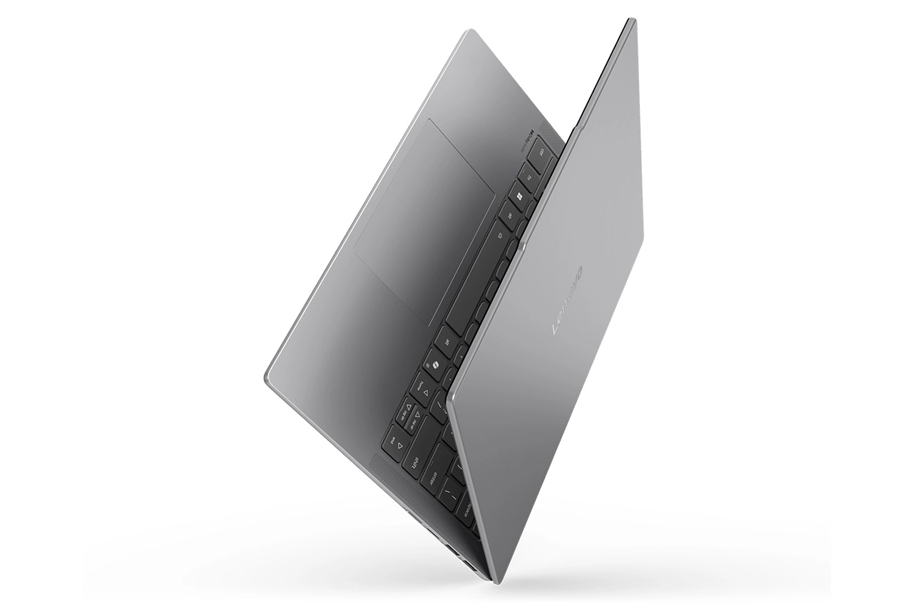 Thin, partially open silver laptop angled to show keyboard and touchpad; IdeaPad Slim 5i Gen 11 (14 מחשב נייד IdeaPad Slim 5 14IMH10 83V6002SIV מבית Lenovo