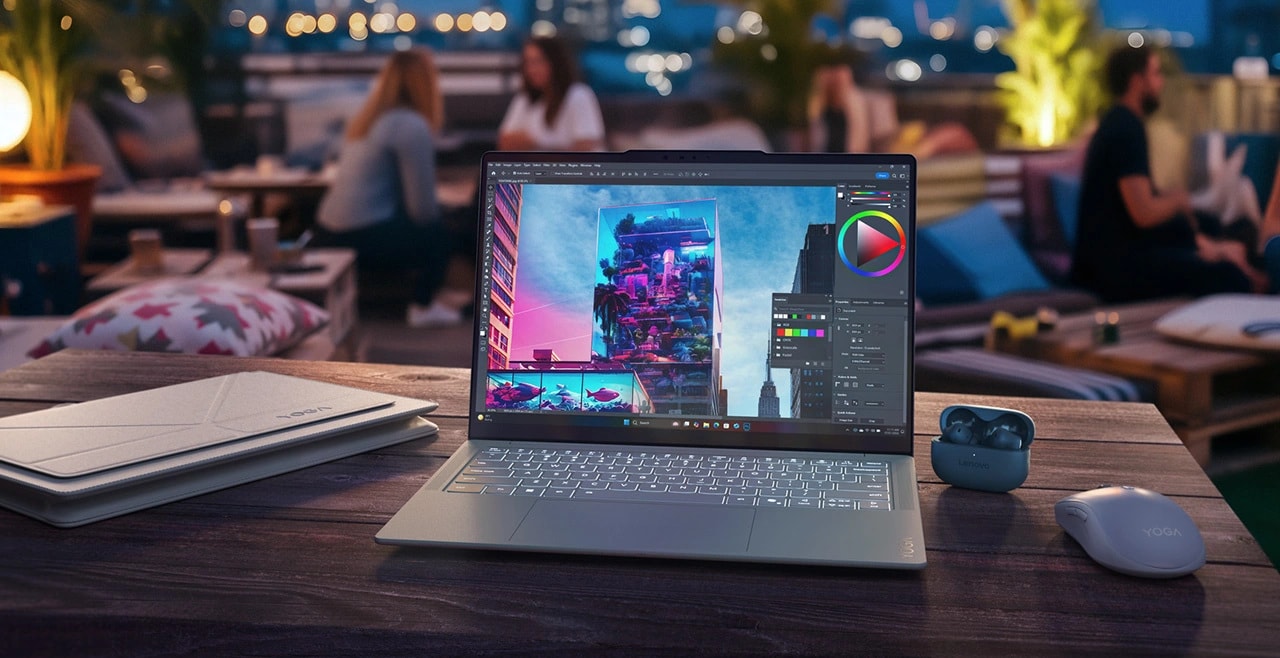 Lenovo Yoga Slim 7i Ultra Gen 11 Aura Edition 14 The Lenovo Yoga Slim 7i Ultra Gen 11 Aura Edition (14” Intel) on a table in a busy cafe.