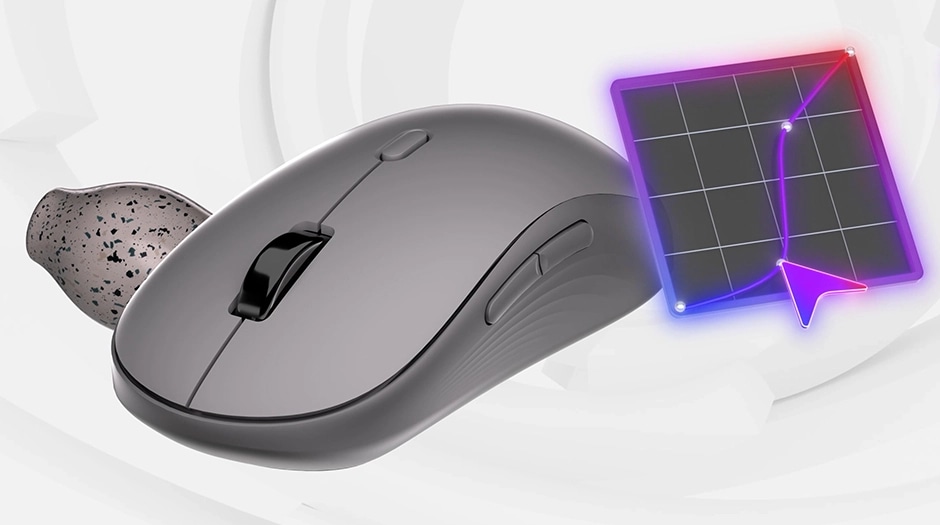 The Yoga Bluetooth Silent Mouse surrounded by geometric shapes. מחשב נייד Yoga Pro 7&nbsp;Aura Edition 15IPH11 83SN002PIV&nbsp;מבית Lenovo