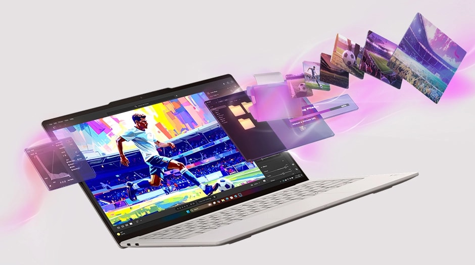 Lenovo Yoga Slim 7i Ultra Gen 11 Aura Edition 14 Front left angle view of the Lenovo Yoga Slim 7i Ultra Gen 11 Aura Edition (14” Intel) surrounded by images of soccer-related file folders and photos.