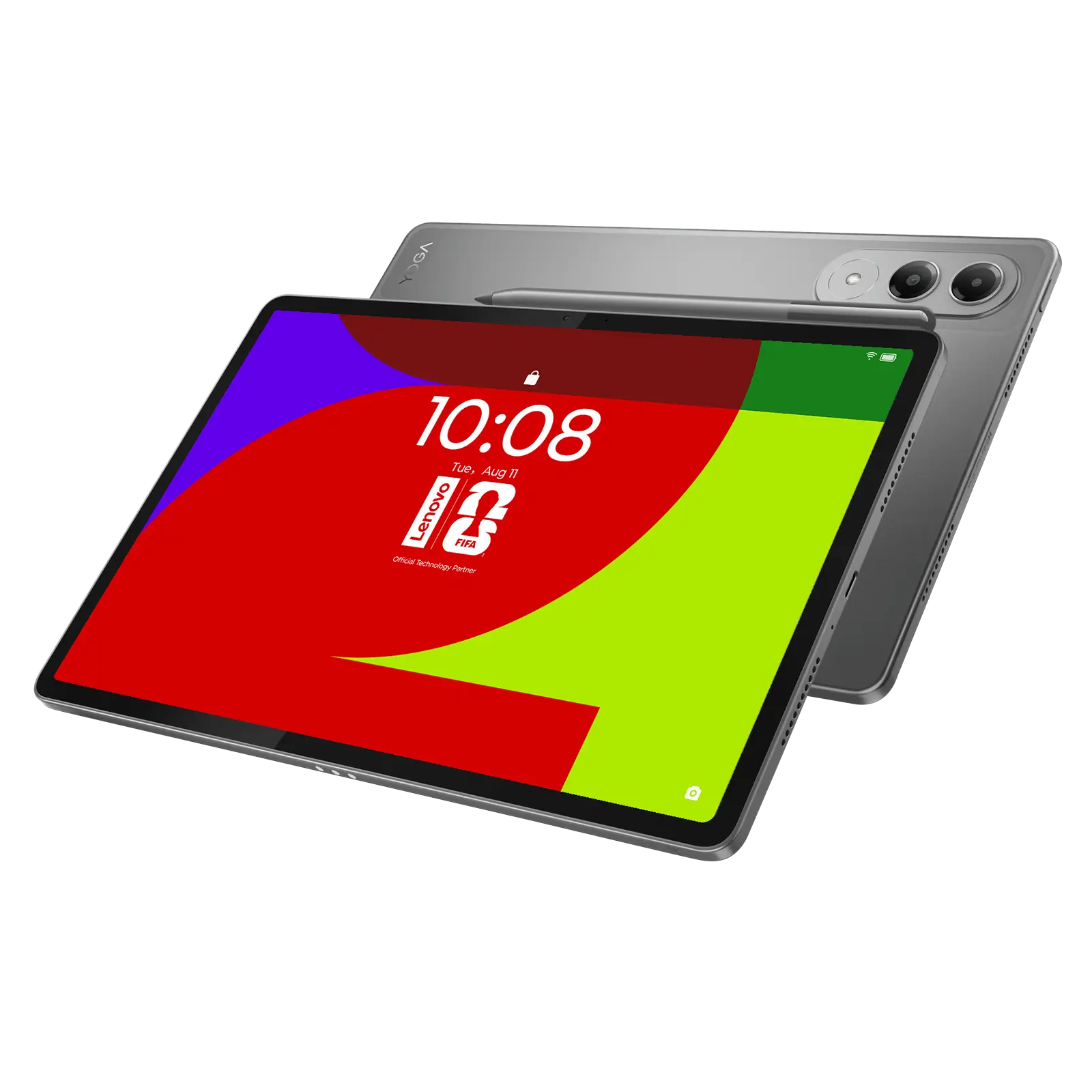 Two Lenovo Yoga Tab tablets – luna grey, landscape orientation, stacked left-rear view and front-right view with lock screen on the display.