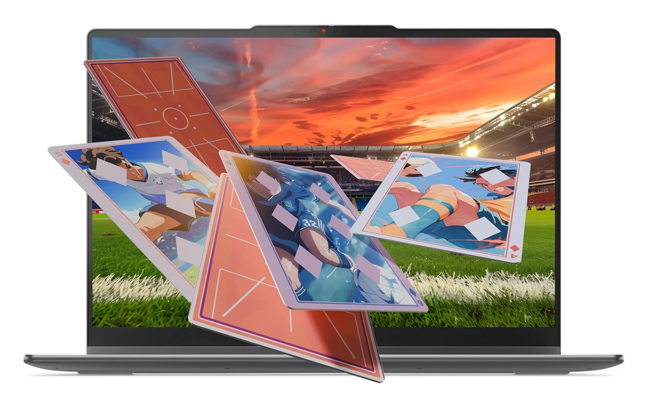 Playing cards emerge from the display of the Lenovo Yoga 2-in-1 Gen 11 Aura Edition (14” Intel).