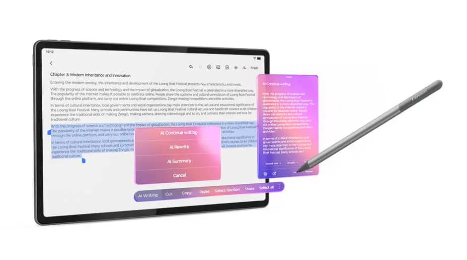 Lenovo Idea Tab Plus tablet – left-front view showing a research report, landscape orientation, luna grey, leaning in a matching Folio Keyboard, with a Lenovo Tab Pen appearing to float in the air as it works in Lenovo AI Notes