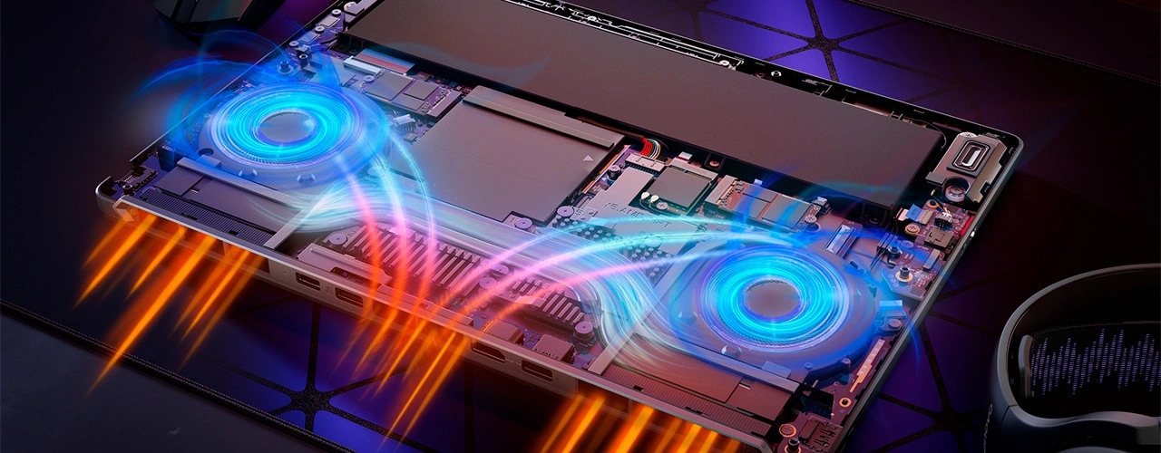 Open chassis shows dual fans with airflow and rear exhaust on the Lenovo Legion 5a Gen 11 gaming laptop.