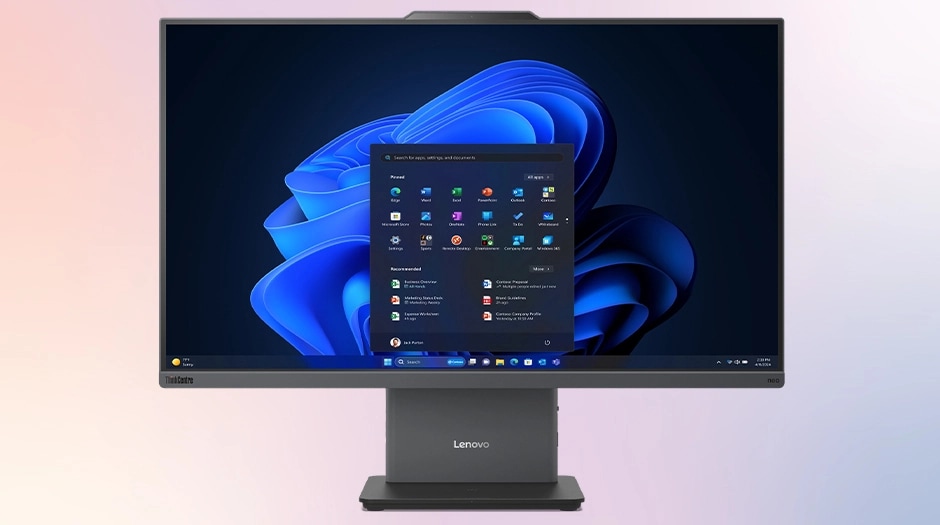 Front view of 27-inch Lenovo ThinkCentre Neo 50a Gen 6 (27" Intel) AIO with thin bezels and top camera & Windows 11 menu displayed on the screen.