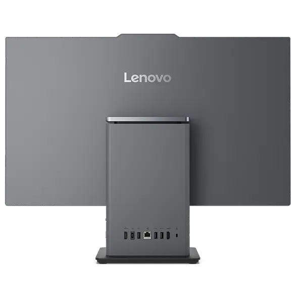 Rear view of the Lenovo ThinkCentre Neo 50a Gen 6 (24" Intel) AIO with stand-mounted ports and Lenovo logo displayed on the panel.