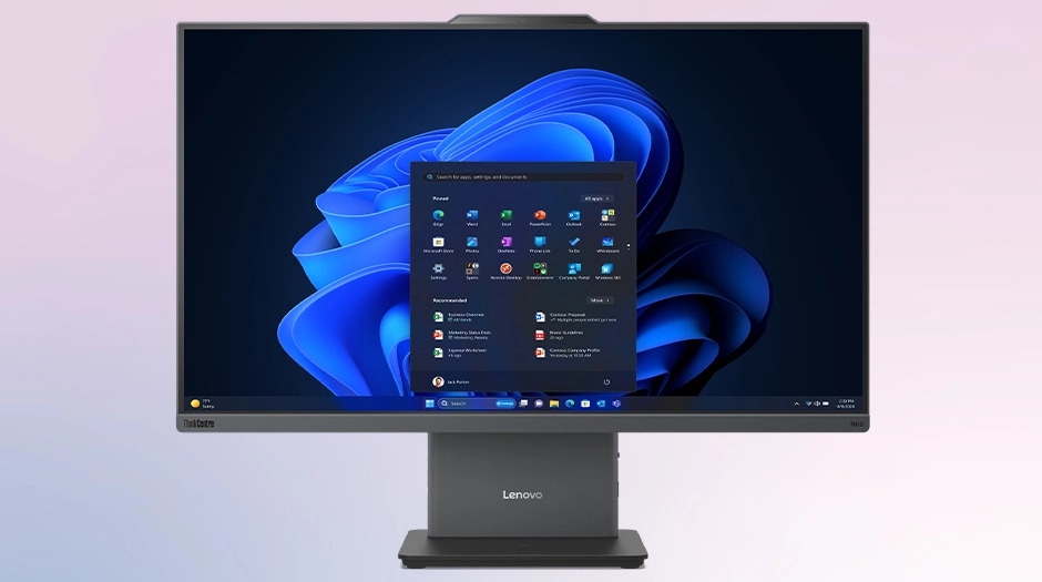Close-up view of Lenovo ThinkCentre Neo 50a Gen 6 (24" Intel) AIO with almost borderless bezels & Windows 11 start menu displayed on the screen.