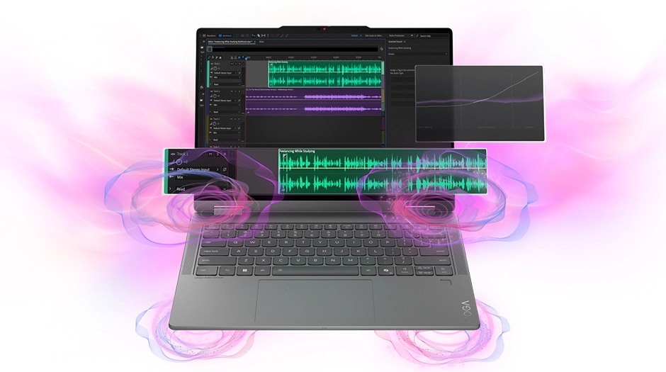 Four sets of circular sound lines and a pair of sound meters emerge from the Lenovo Yoga 2-in-1 Gen 11 Aura Edition (14” Intel). מחשב נייד Yoga 7 2-in-1 14IPH11 83TC004MIV מבית Lenovo