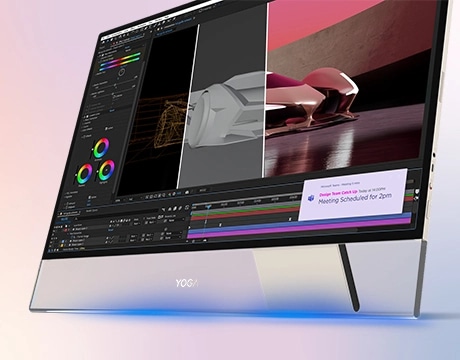 Creative software and Teams notification on the Lenovo Yoga AIO i Gen 11 Aura Edition PC for professionals.