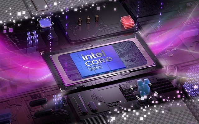 Intel® Core™ Ultra processor on a glowing circuit board, featured in the Lenovo Yoga AIO i Gen 11 Aura Edition PC.