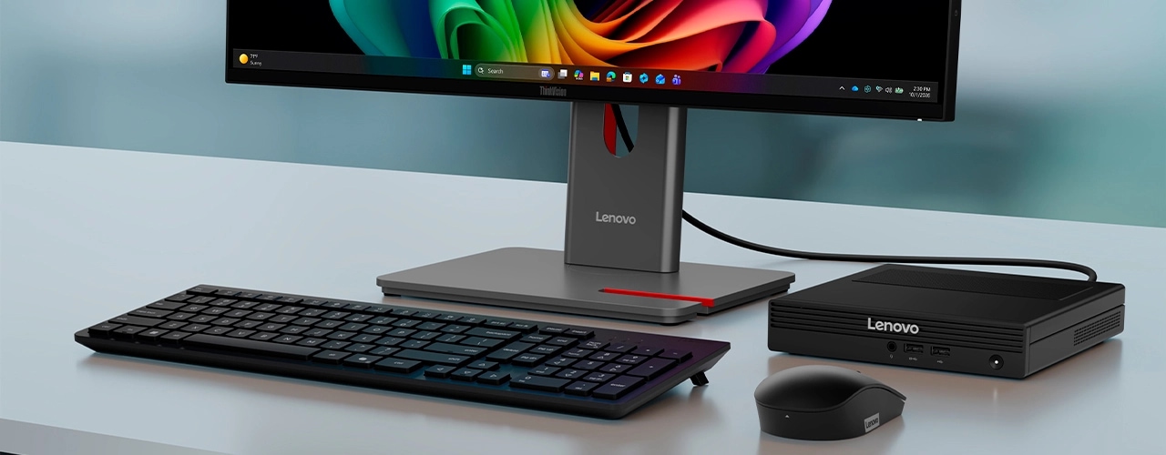 The specialty photo highlights the powerful AMD Ryzen™ Series 10 processor for smooth everyday tasks on the Lenovo V105q (AMD) Tiny PC.