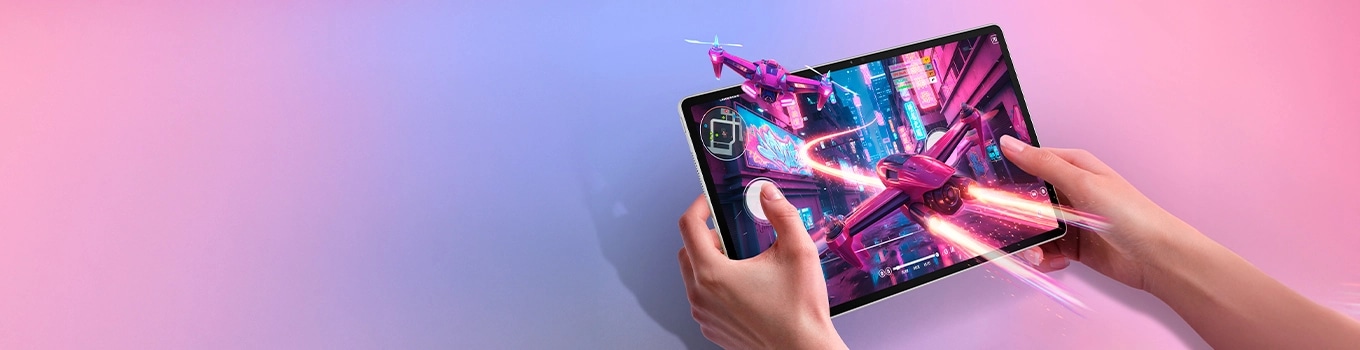 Hands playing a colorful drone game on the Lenovo Idea Tab Pro Gen 2 Tablet.  טאבלט Idea Tab Pro Gen 2&nbsp;TB390FU ZAHD0193IL Wi-Fi 8GB/256GB&nbsp;מבית&nbsp;Lenovo