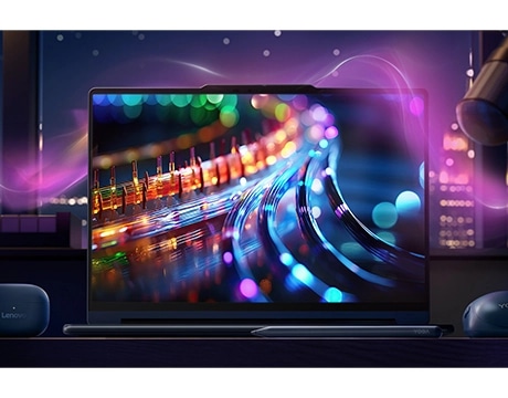 A vibrant, colorful display showcasing swirling lights on the Lenovo YOGA 9i 2-in-1 Gen 11 (14 מחשב נייד Yoga 9 2-in-1 Aura Edition 14IPH11 83SE001MIV מבית Lenovo
