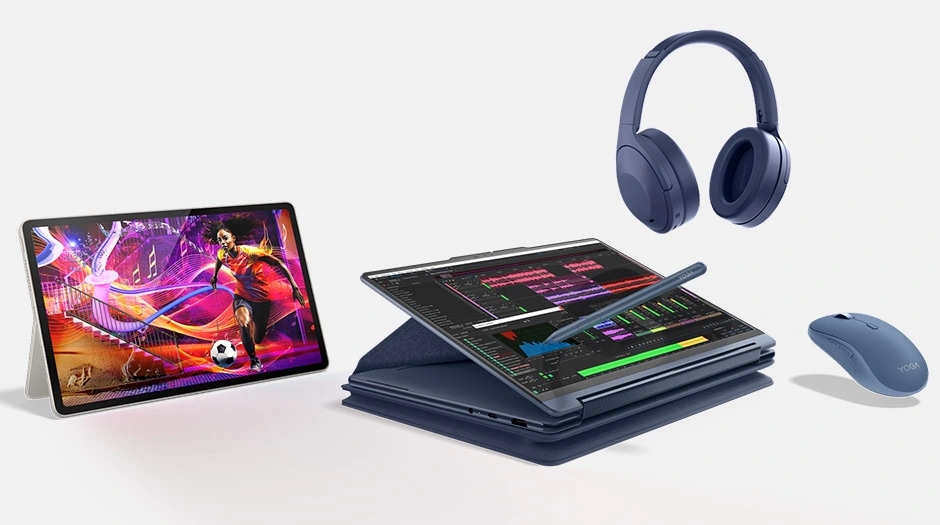 Lenovo YOGA 9i 2-in-1 Gen 11 in tent mode with music editing on screen, next to tablet and headphones. מחשב נייד Yoga 9 2-in-1 Aura Edition 14IPH11 83SE001MIV מבית Lenovo