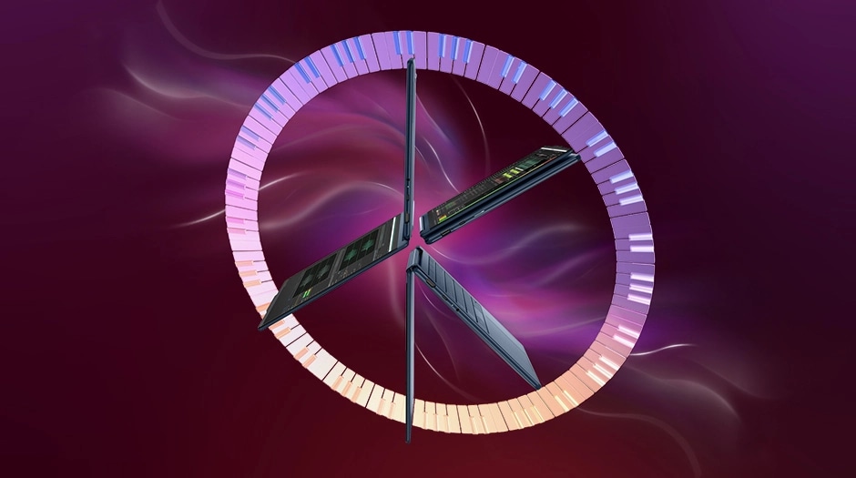 Lenovo YOGA 9i 2-in-1 Gen 11 Aura Edition laptops in a circular array with dynamic lighting effects, highlighting versatility. מחשב נייד Yoga 9 2-in-1 Aura Edition 14IPH11 83SE001MIV מבית Lenovo