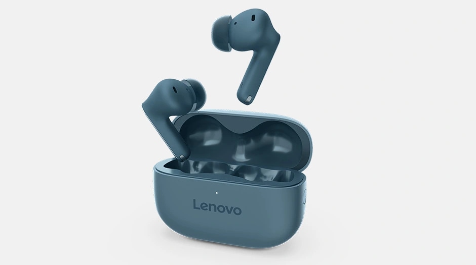 Lenovo earbuds in blue case, displayed open with earbuds slightly above, showcasing design. מחשב נייד Yoga 9 2-in-1 Aura Edition 14IPH11 83SE001MIV מבית Lenovo