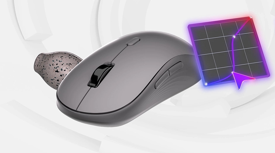 Gray Lenovo mouse with graphic overlay of cursor path, indicating precision control. מחשב נייד Yoga 9 2-in-1 Aura Edition 14IPH11 83SE001MIV מבית Lenovo