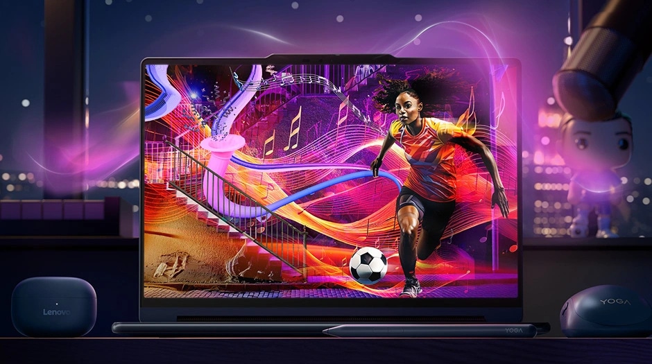 A soccer player over vibrant graphics on a laptop screen, Lenovo YOGA 9i 2-in-1 Gen 11 Aura Edition. מחשב נייד Yoga 9 2-in-1 Aura Edition 14IPH11 83SE001MIV מבית Lenovo