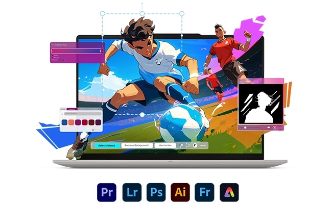 Creative software icons superimposed on animated soccer scene on the Lenovo YOGA 9i screen. מחשב נייד Yoga 9 2-in-1 Aura Edition 14IPH11 83SE001MIV מבית Lenovo