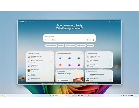 Productivity dashboard with greeting message on screen, emphasizing user experience on Lenovo YOGA 9i 2-in-1 Gen 11. מחשב נייד Yoga 9 2-in-1 Aura Edition 14IPH11 83SE001MIV מבית Lenovo