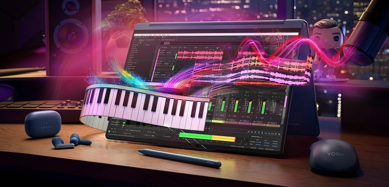 Colorful music visualizations over a laptop screen displaying audio software, Lenovo YOGA 9i 2-in-1 Gen 11 Aura Edition. מחשב נייד Yoga 9 2-in-1 Aura Edition 14IPH11 83SE001MIV מבית Lenovo