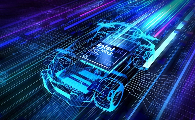 A digital car graphic with Intel Core Ultra logo, illustrating high-speed processing capability available on the Lenovo Yoga Mini i Gen 11 (Intel) PC.