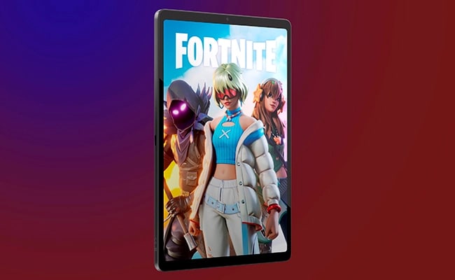 An Eclipse Black Lenovo Legion Tab Gen 5 (8.8" Snapdragon) gaming tablet in portrait orientation, showing the title and two scenes from the game Fortnite Battle Royale.